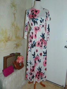 Women's Pink & Green English Rose Printed Pocketed Long Sleeve Maxi Dress sz M - Picture 1 of 7