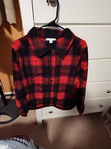 Isaac Mizrahi Live Red Plaid Fleece Trucker Jacket Shacket XL WOMENS NEW A258401 - Picture 1 of 14