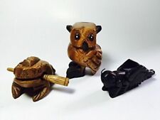 Wooden Percussion 3 Piece Set Light Brown Frog, Brown Cricket and Black Foot Owl