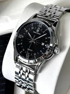 Men’s Stainless Steel Quartz Watch – Business Waterproof Calendar Big Dial - Picture 1 of 11