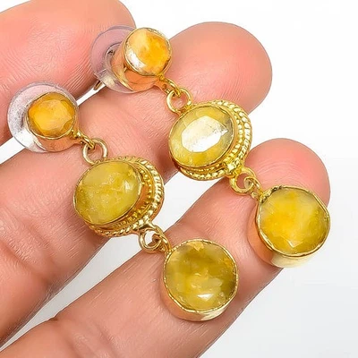 Pendiente antiguo enchapado en oro amarillo de 18k zafiro amarillo (simulado) 1,56" E822 Foto 1 de 3