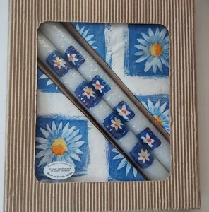 Vintage Taper Candles and Paper Napkin Set Blue Yellow White Daisy Flower - Picture 1 of 2