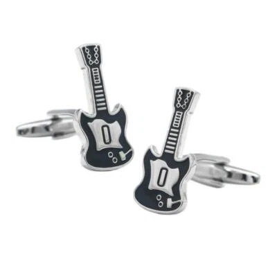 GUITARRA ELÉCTRICA GEMELOS MÚSICA ROCK ESMALTE NEGRO MÚSICO BODA CON BOLSA DE REGALO Foto 1 de 4