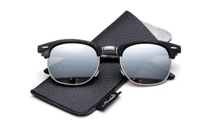 Half Wood Style Frame Sunglasses Flash Mirror Round Lens with Faux Leather Case - Picture 1 of 16
