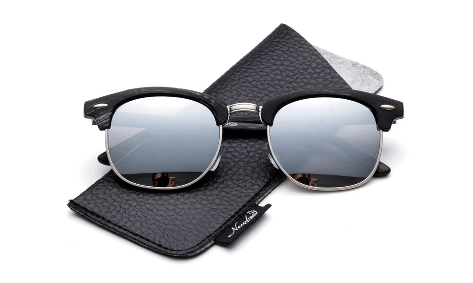 Half Wood Style Frame Sunglasses Flash Mirror Round Lens with Faux Leather Case - Image 1 of 1