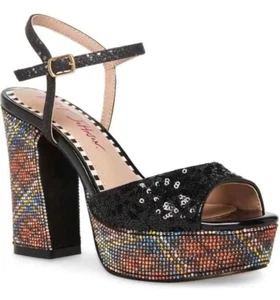 Betsey Johnson Alaia Black Plaid Rhinestone Platform Chunky Heels Sz 10 NWB - Picture 1 of 11