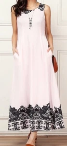 XL NUEVO CON ETIQUETAS R & B Maxi Vestido Sin Mangas Rosa Borde con Bolsillos - Imagen 1 de 11