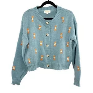 Listicle Blue Button Front Cardigan with Floral Design & Pockets Women's Small - Picture 1 of 10