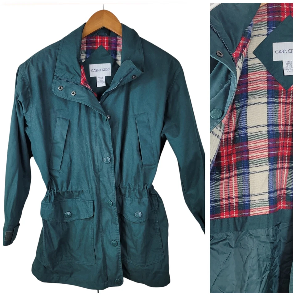 Casaco feminino vintage Cabin Creek pequeno com zíper xadrez cobertor forrado verde cintura - Imagem 1 de 4