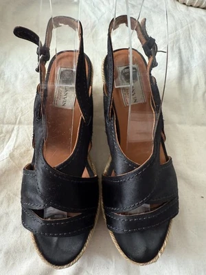 Lanvin Platform Espadrille Sandals Black Satin Jute Wedges Size 6 - Image 1 of 4
