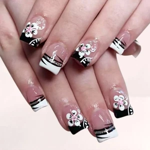 Press On Nail French Tips Fake Nail Square False Nail Glitters Glues on Nail - Picture 1 of 8