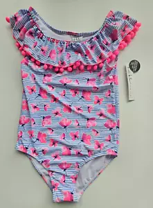 Nicole Miller Big Girls Size 10 1 Pc Swimsuit Pink Blue Pom Pom Floral NWT - Picture 1 of 4