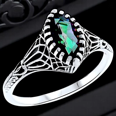 DECO VINTAGE STYLE 925 STERLING SILVER 1.00 Ct MYSTIC QUARTZ FILIGREE RING  #711 - Image 1 of 4