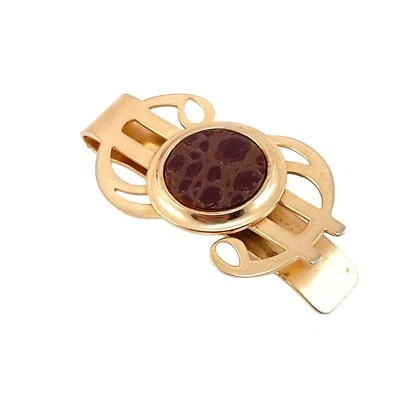 Vintage Gold Tone Tie Clip With Brown Leather Accent - Image 1 of 4
