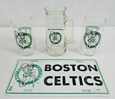 Boston Celtics Logo Lot: License Plate Tankard & 2 World Champions Glasses Cover
