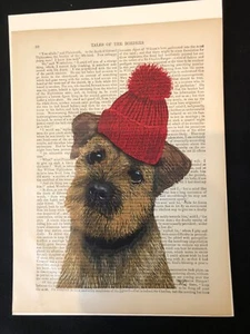 Fab Funky Wall Art Whimsical Border Terrier wearing Red Bobble Hat - 30 x 21 cm. - Picture 1 of 3