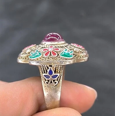 1.33" Old Chinese Miao nationality purple garnet square flowers and plants Ring - Image 1 of 4