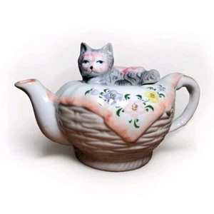 VTG 80's Tea Pot Kitty Cat Kitten Resting on Basket Porcelain - Andrea by Sadek - Picture 1 of 11
