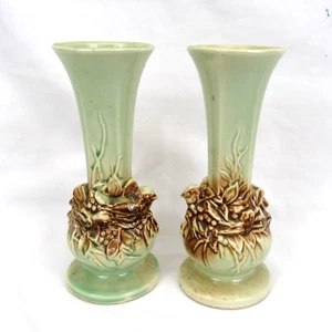 McCoy Vintage Nesting Birds Ceramic Bud Vase Pair Brown Green 1950s lot of 2 - Picture 1 of 10