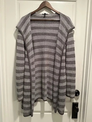 Cárdigan largo a rayas gris lino Eileen Fisher XL 100 % plumero frente abierto con capucha Foto 1 de 4
