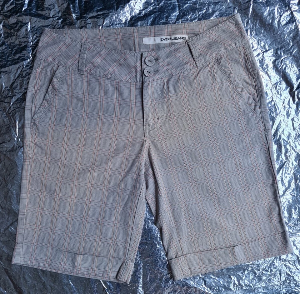 PANTALONES CORTOS DKNY JEANS US8 UK12 a cuadros beige gris naranja cremallera a cheque Foto 1 de 4