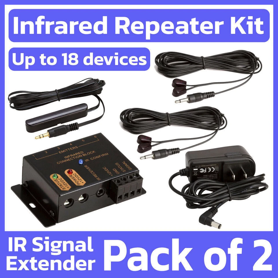 2 Pack IR Extender Kit Remote Control Repeater Infrared Emitter Blaster Receiver - Image 1 of 4