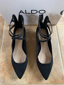 ALDO Ladies Black Marieta Ballerina Point Toe Suede Strappy Gold Shoes U.K. 6 - Picture 1 of 22