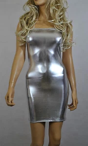 Silber Minikleid Metallic Stretch Nass PVC Trägerlos Boob Tube Bodycon Glänzend D87 - Bild 1 von 12