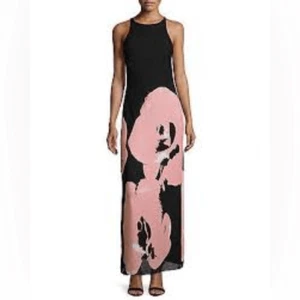 HALSTON HERITAGE Black W/Pink Orchid Flower Silk georgette open back Maxi Dress - Picture 1 of 10