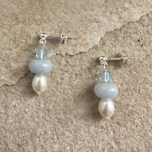 Freshwater Pearl, Topaz And Aquamarine Solid 925 Sterling Silver Earrings - Picture 1 of 2