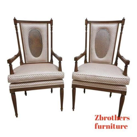 Pair Vintage French Regency Carved Fireside Lounge Arm Chairs Louis XV Pecan Cover
