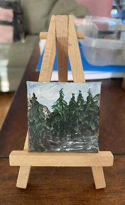 Dollhouse Miniature Easel With Artist Painted Canvas Forests  1” Scale  2” Sq - Image 1 of 4