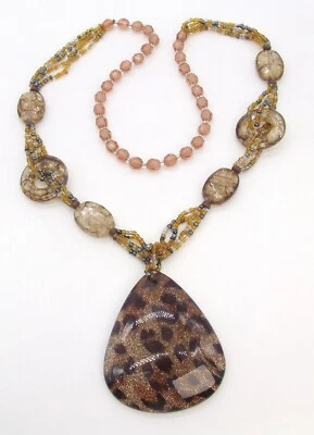 30英寸多股种子珠/裂纹Lucite/Leopard吊坠琥珀水晶项链 — 第 1/3 张图片