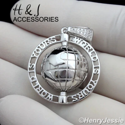 COLGANTE MAPA GLOBO GIRATORIO PLATA ESTERLINA 925 ICY BLING PLATA CIRCONITA 3D PARA HOMBRE*ASP262 Foto 1 de 3