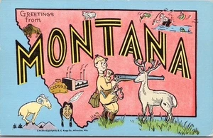 Tarjeta postal grande Montana vintage de los años 40 mapa estatal contorno lino Kropp #CM 20 - Imagen 1 de 2