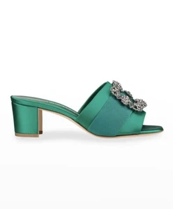 Sandali mulo MANOLO BLAHNIK Martanew verde smeraldo raso fibbia cristallo taglia 37,5 - Foto 1 di 12