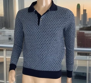 Greyson Maglione Blu Geometrico Maltese Elasticizzato Golf Pullover Slim Lana Uomo Tg L - Foto 1 di 8