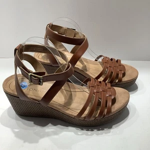 Vionic Wmns Gr. 12M Clarisa Raffia hellbraune Leder-Sandalen mit Keilabsatz Knöchelriemen, neu - Bild 1 von 6