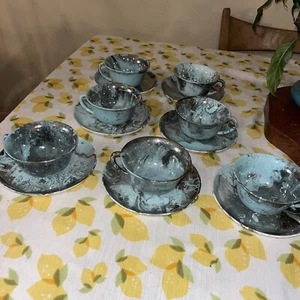 7 Vintage Sascha Brastoff Surf Ballet Turquoise & Platinum Cup & Saucer Sets - Picture 1 of 6