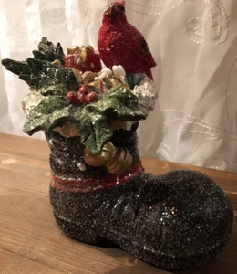 Black Santa Boot with Holly & Cardinal Valerie Parr Hill - Picture 1 of 9