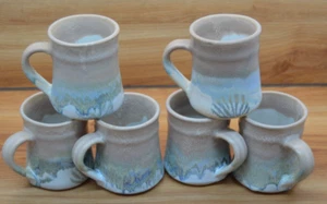 6 Pc Hand Thrown Studio Potter Drip Glaze Tan to Mossy Green/Blue 8oz Coffee Mug - Picture 1 of 5