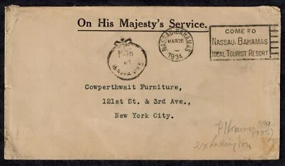 Bahamas 1935 OHMS Cover w/SINGLE RING CROWN CIRCLE PAID AT BAHAMAS RARE - Image 1 of 2