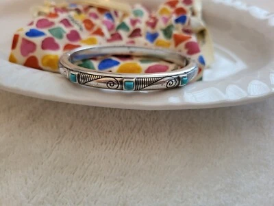 Brighton Primrose Faux Turquoise Silverplate Hinged Bangle Bracelet with Bag - Image 1 of 4