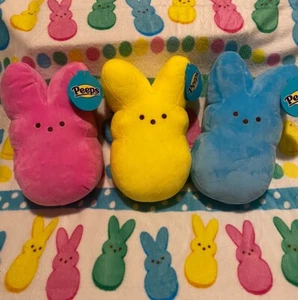 (3 PACK) New Peeps EASTER Bunny Rabbits 10” Inch Plushies- Blue, Pink & Yellow - Picture 1 of 12