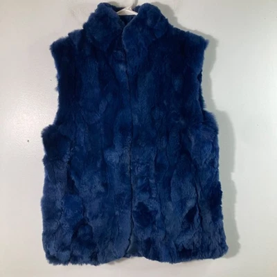 Womens Linda Richards Luxury Rex Rabbit Fur Vest Blue S Clasp Closure - Image 1 of 4
