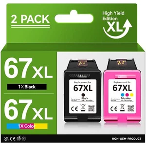 67XL Printer Ink for HP Envy 6000, 6400, DeskJet 2752, 4152 (2 Pack) - Picture 1 of 4