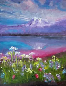 Original Oil Painting Purple Lavender Mountain Canvas Sheet 9 x 12" Bronwen Skye - Picture 1 of 1