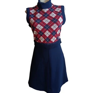 sz 8 Vintage Dress Sleeveless Argyle Turtleneck Knit Navy Red Plaid 1960's MCM - Picture 1 of 9
