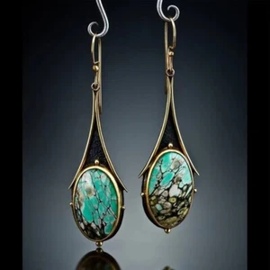 Beautiful Handmade Retro Marble Oval Turquoise Gold Tone Hook Earring - Picture 1 of 5