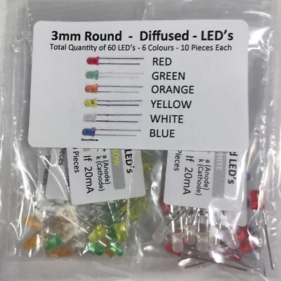 60x 3mm LEDs, Diffused, Round, 6 Colours, 10x Blue,White,Yellow,Orange,Green,Red